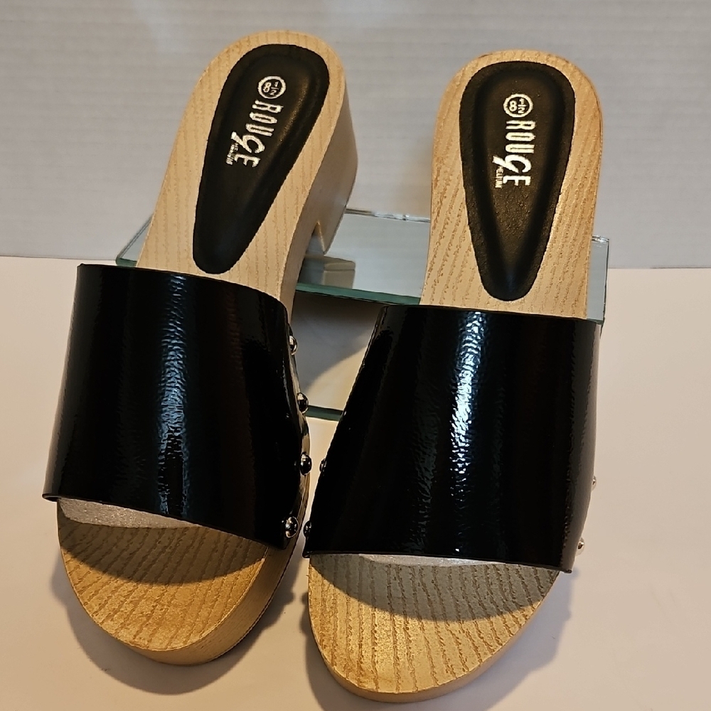 Rouge Helium Black Patent Wood Platform Mules - Picture 2 of 5